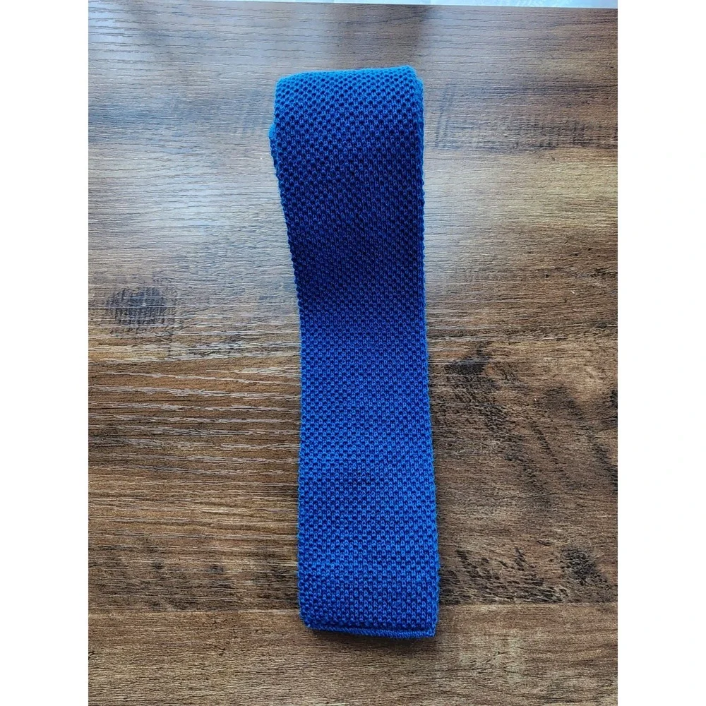Vintage 100% Wool Knit Tie Square Flat Bottom Blue 70s Retro Academia Heritage